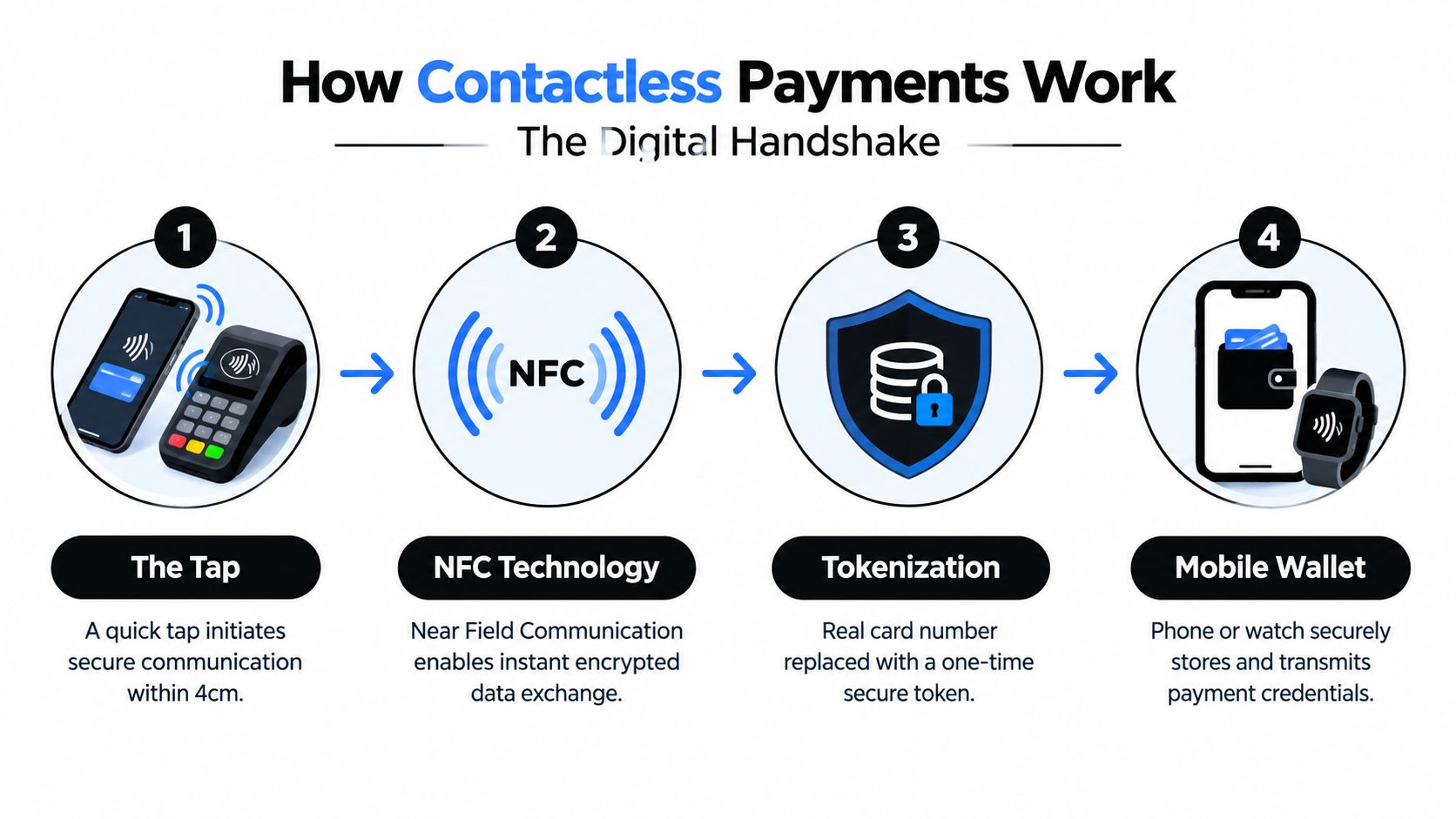 A four-step infographic explaining how contactless payments work using NFC technology, tokenization, and mobile wallet systems.