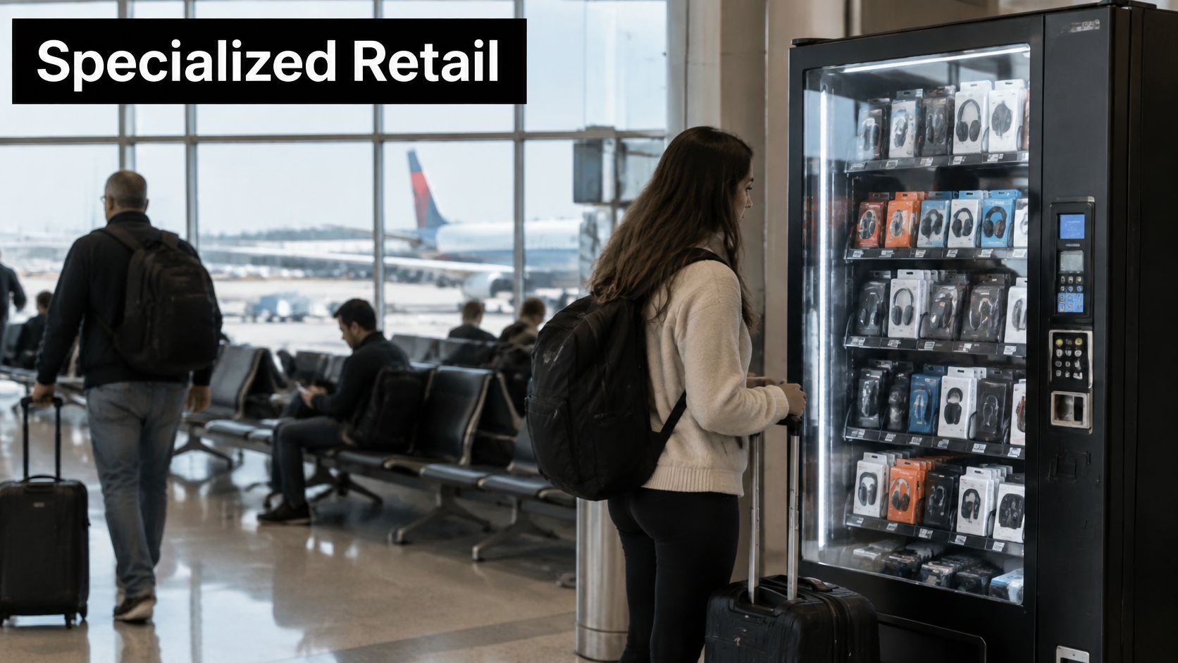 A young woman at an airport terminal looking at electronic items inside a specialized retail vending machine.