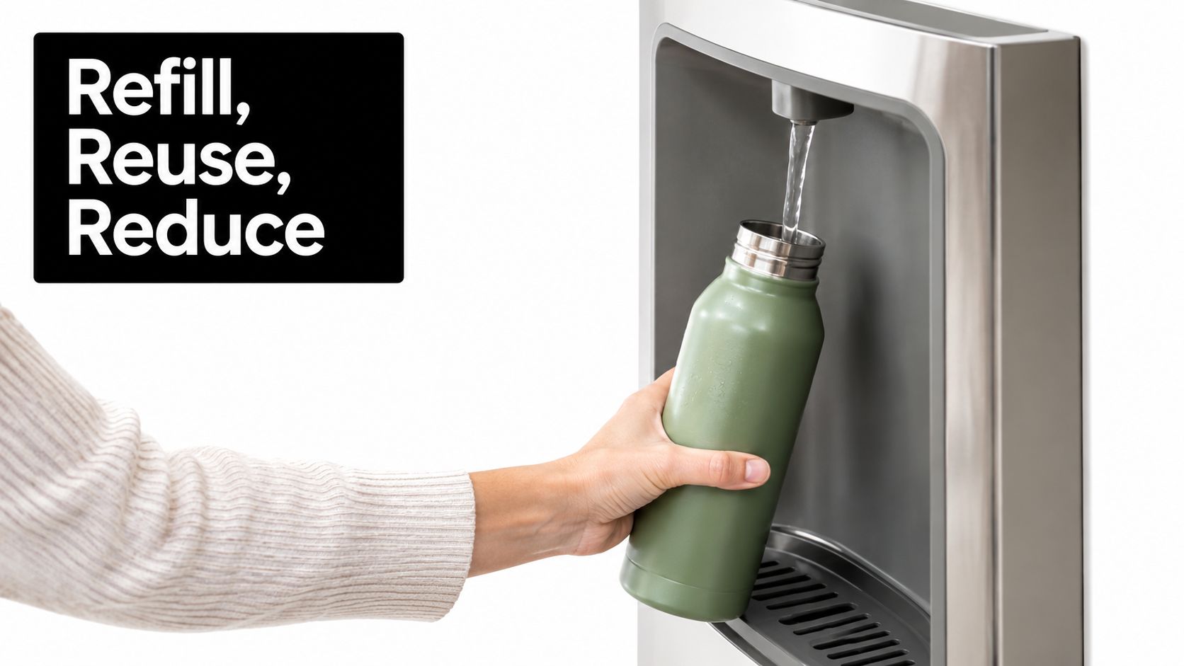 A person refilling a reusable olive green water bottle at a modern stainless steel water dispenser station.