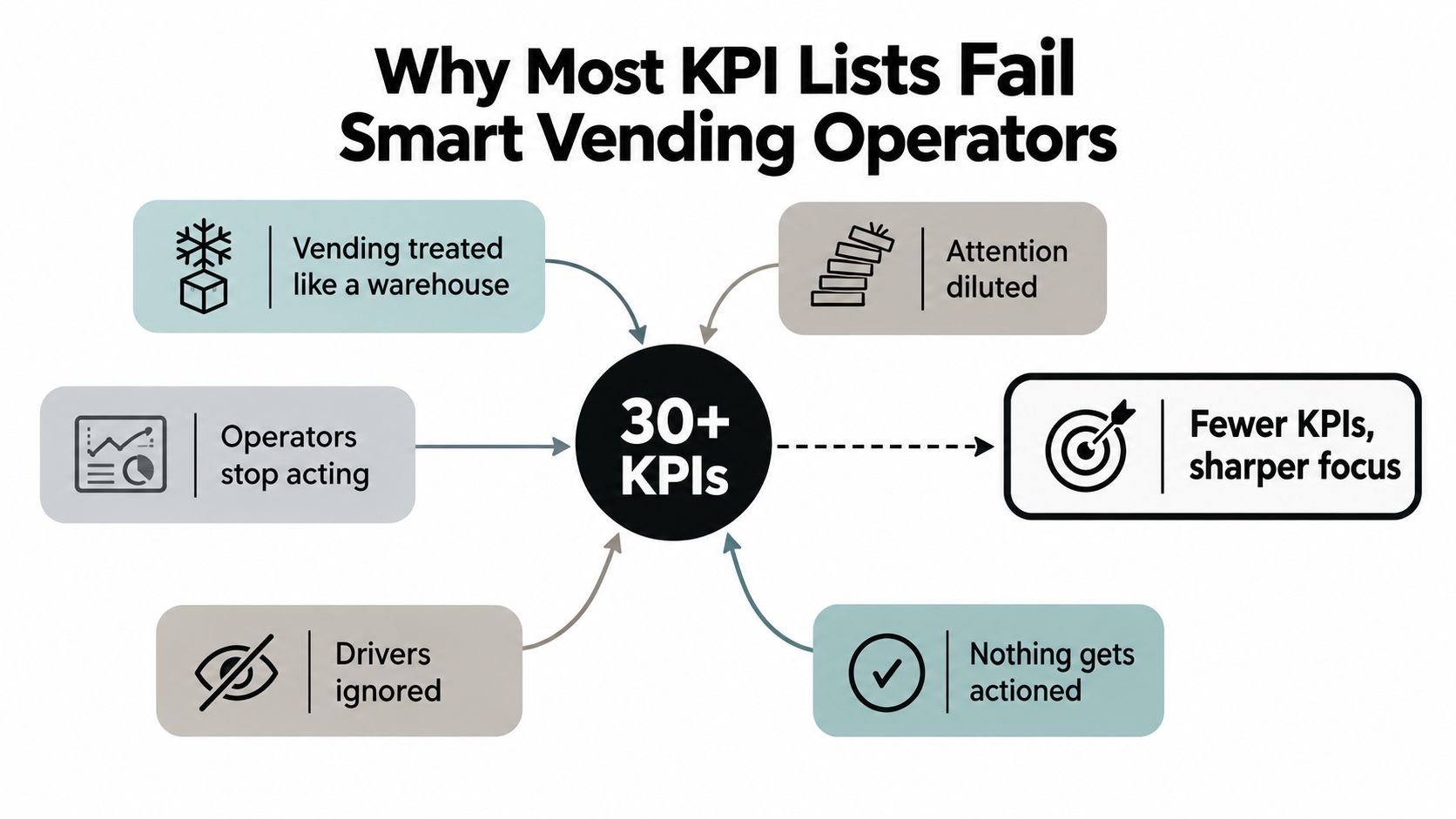 A diagram illustrating why having over 30 KPIs causes operational failure in smart vending businesses.