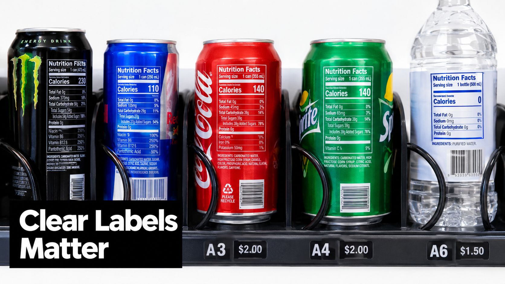 A vending machine display showing various beverage cans and a water bottle with clear nutrition labels.