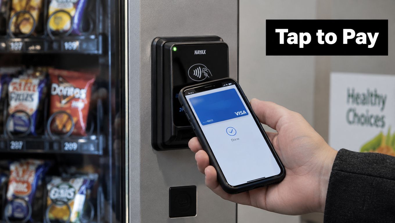 A person uses their smartphone for a contactless payment at a vending machine terminal to purchase snacks.
