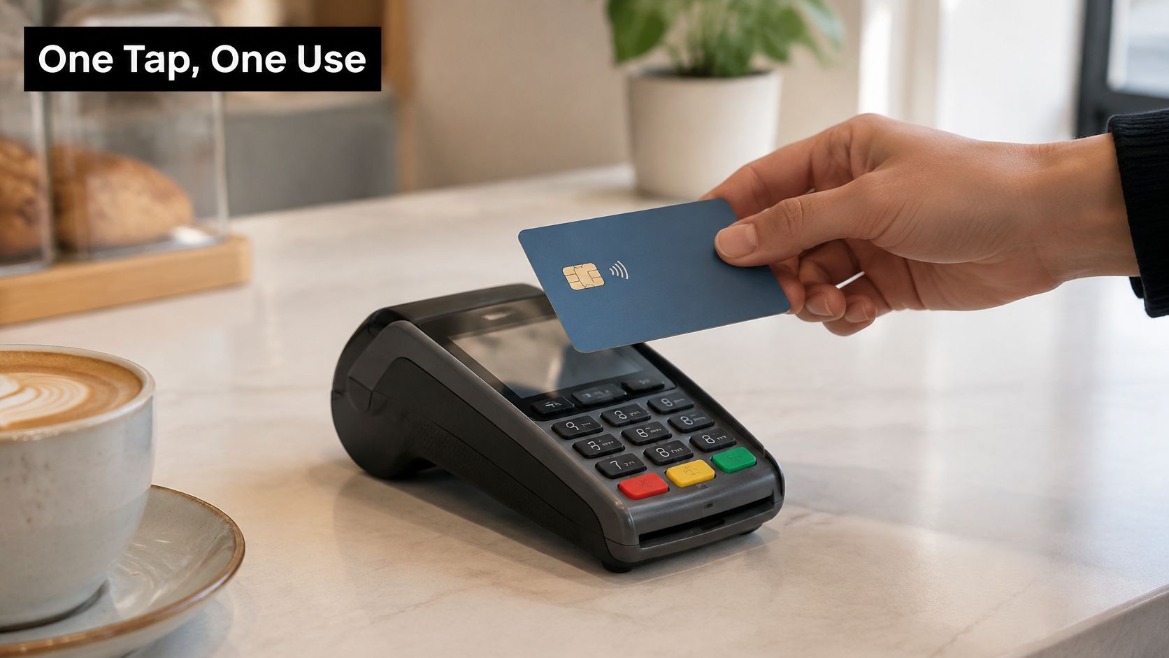 A customer makes a contactless payment by tapping a blue credit card on a card reader terminal.