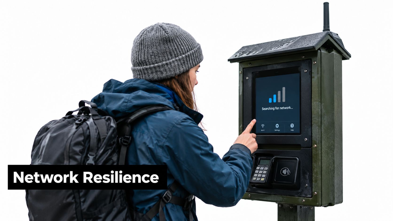 A woman using an outdoor payment terminal that is searching for a network connection.