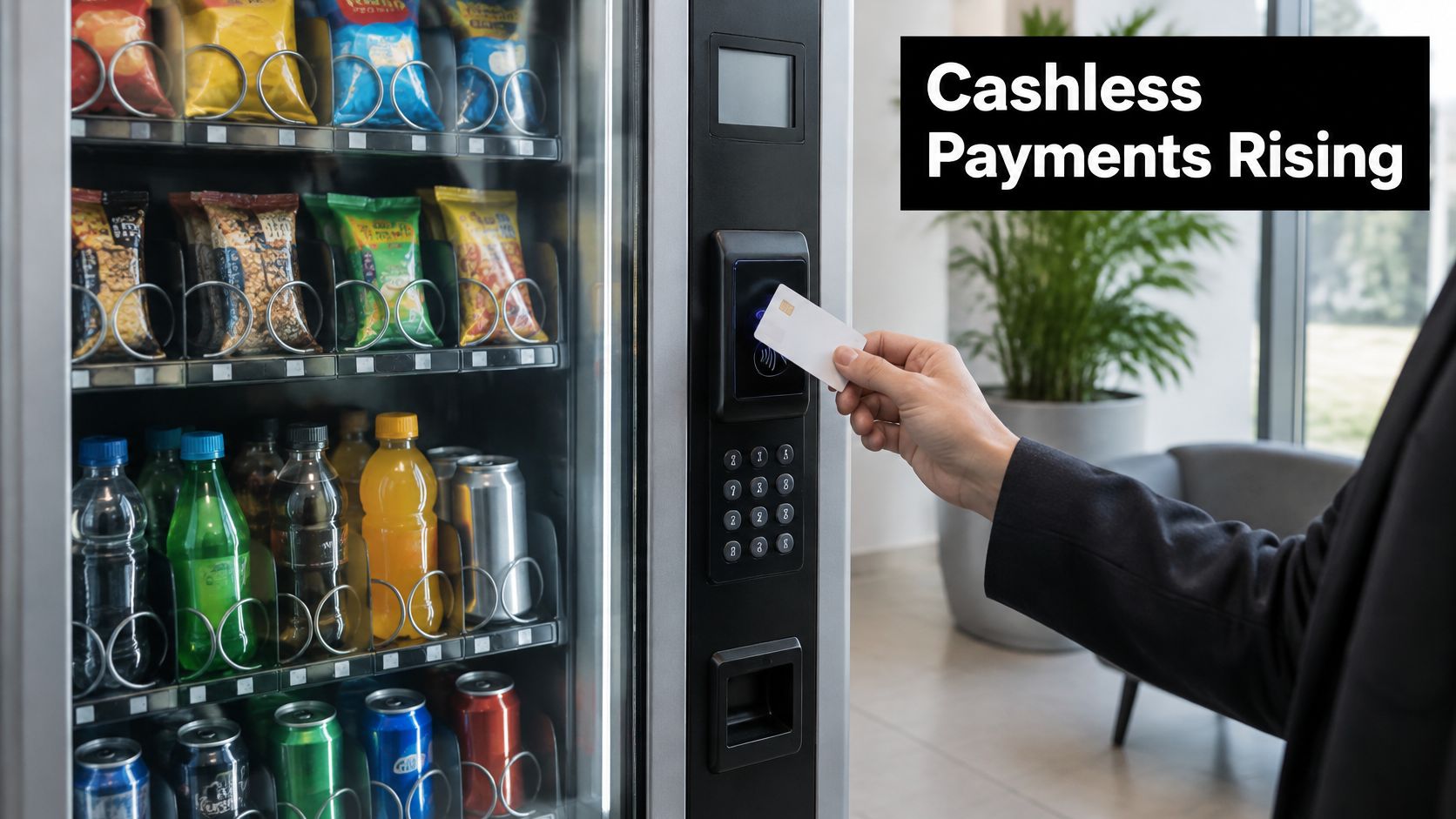 A person using a credit card to pay at a modern snack and drink vending machine.