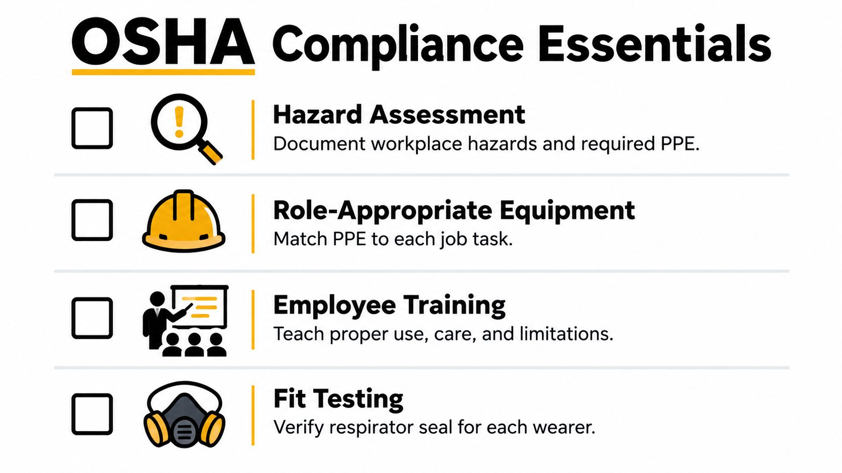 An infographic titled OSHA Compliance Essentials listing four key steps for workplace safety and PPE management.