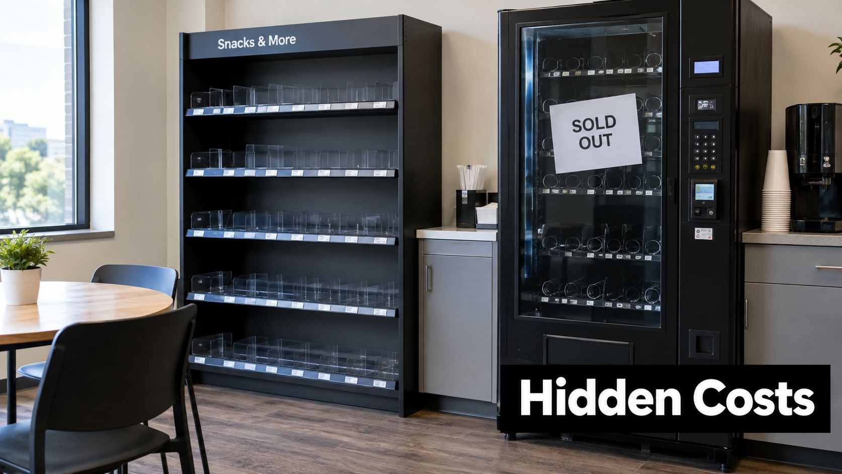 An office breakroom featuring empty snack shelves and a vending machine with a sold out sign.