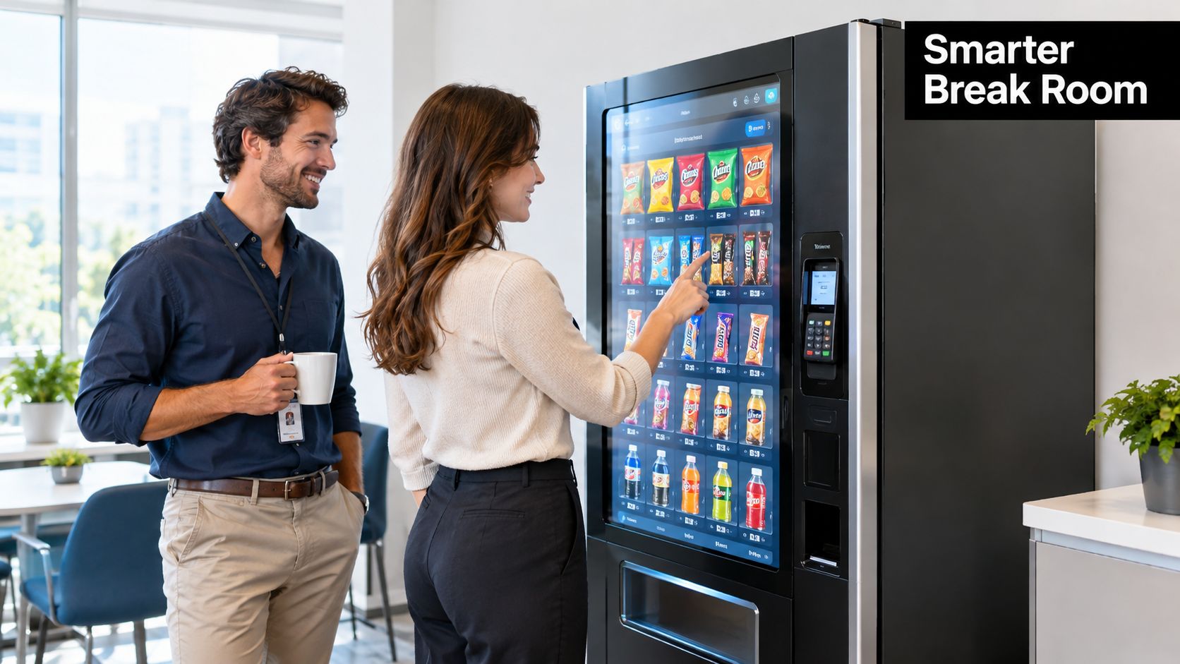 A man and a woman interacting with a digital touch screen smart vending machine in an office.