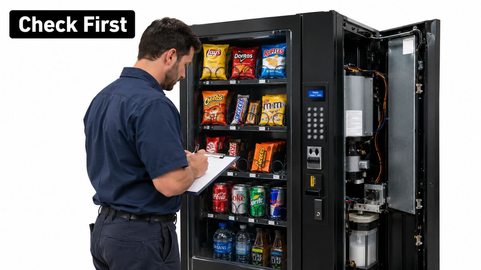 A service technician in a blue uniform takes notes while inspecting an open vending machine.