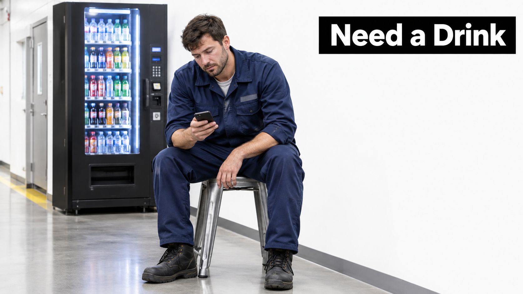 A tired worker in blue coveralls sitting on a metal stool while checking his phone near a vending machine.