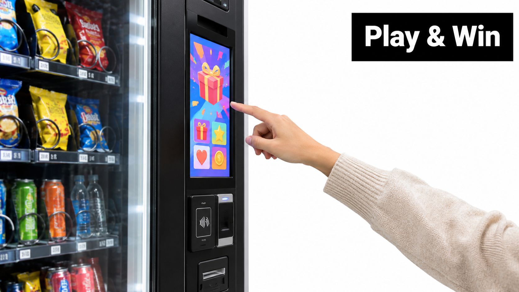 A person using a touchscreen vending machine interface to participate in a promotional play and win game.