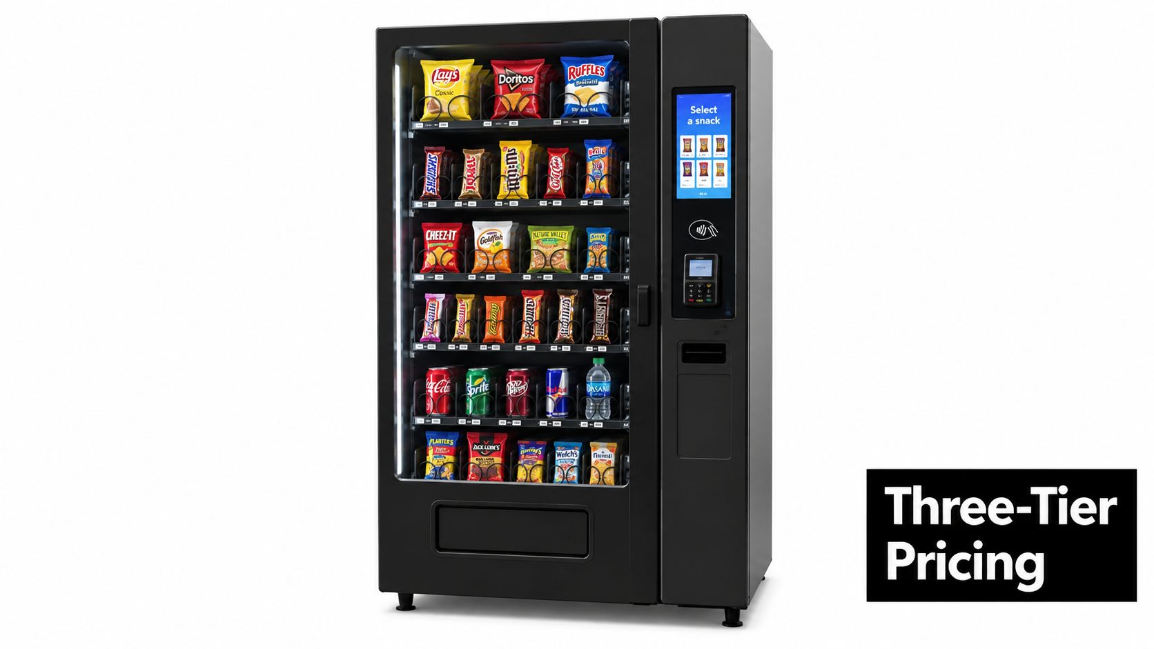 A modern black snack and beverage vending machine standing isolated against a white background.