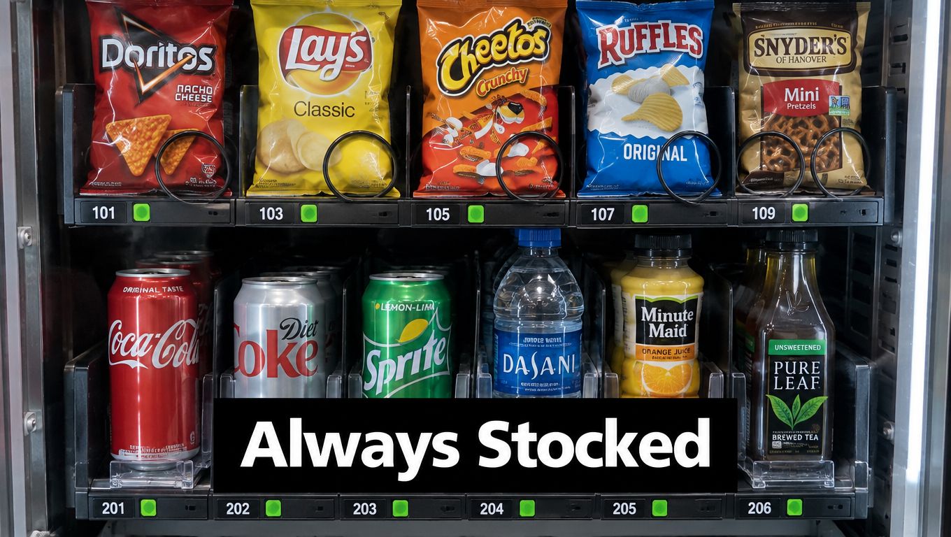 A vending machine featuring snacks like chips and pretzels on top with cold sodas and juices below.