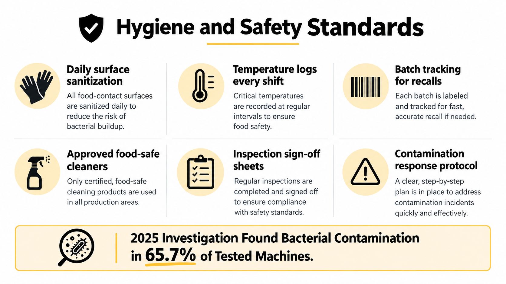 An infographic detailing hygiene and safety standards, highlighting that 65.7 percent of machines had bacterial contamination in 2025.