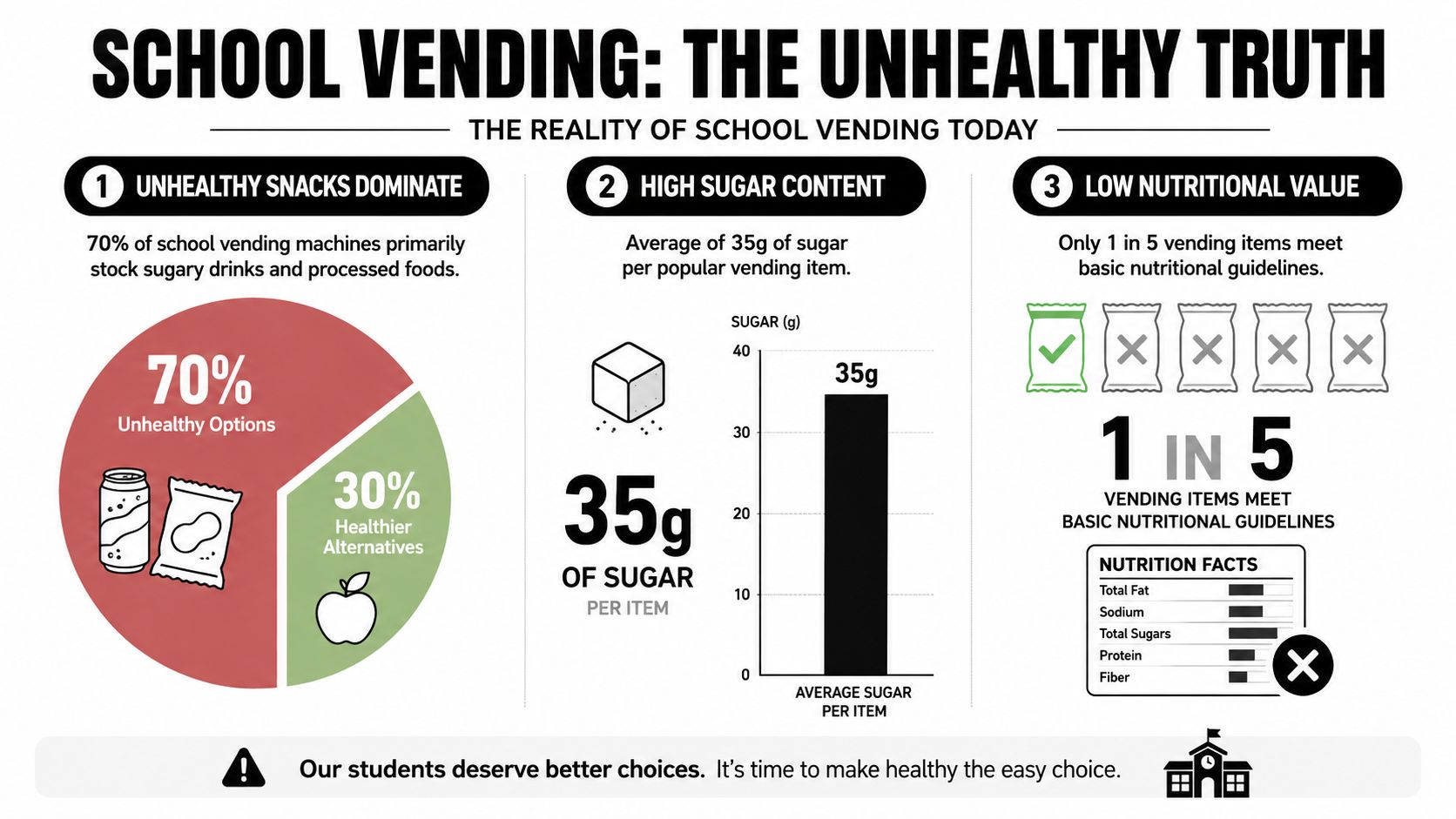 An infographic titled School Vending: The Unhealthy Truth highlighting poor nutritional standards in school vending machines.