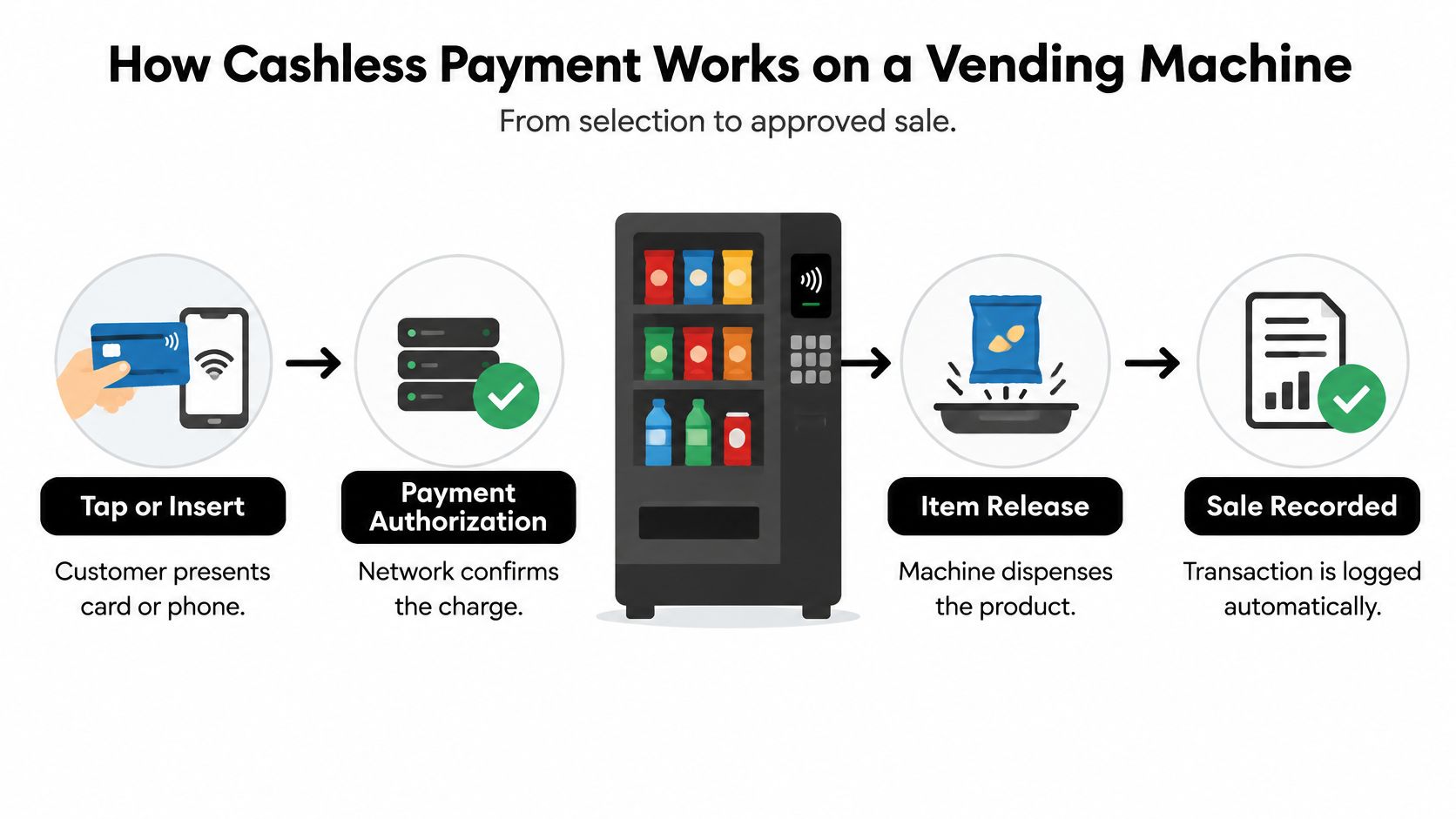 An infographic showing the step-by-step process of how a cashless payment works on a vending machine.