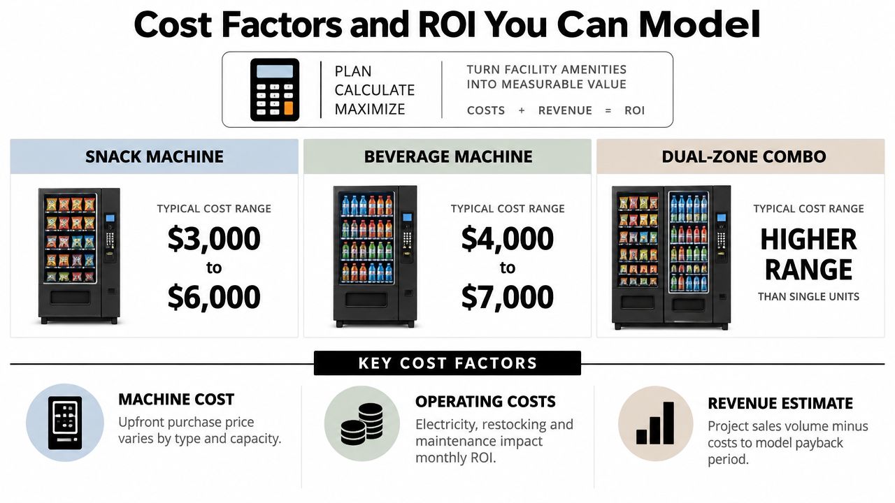 An infographic detailing the typical cost ranges and ROI factors for snack, beverage, and combo vending machines.