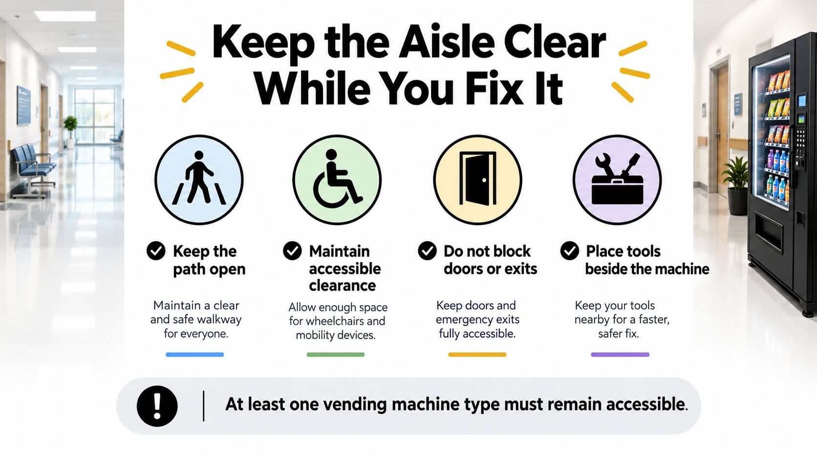 An infographic titled Keep the Aisle Clear While You Fix It, displaying four safety guidelines for technicians.