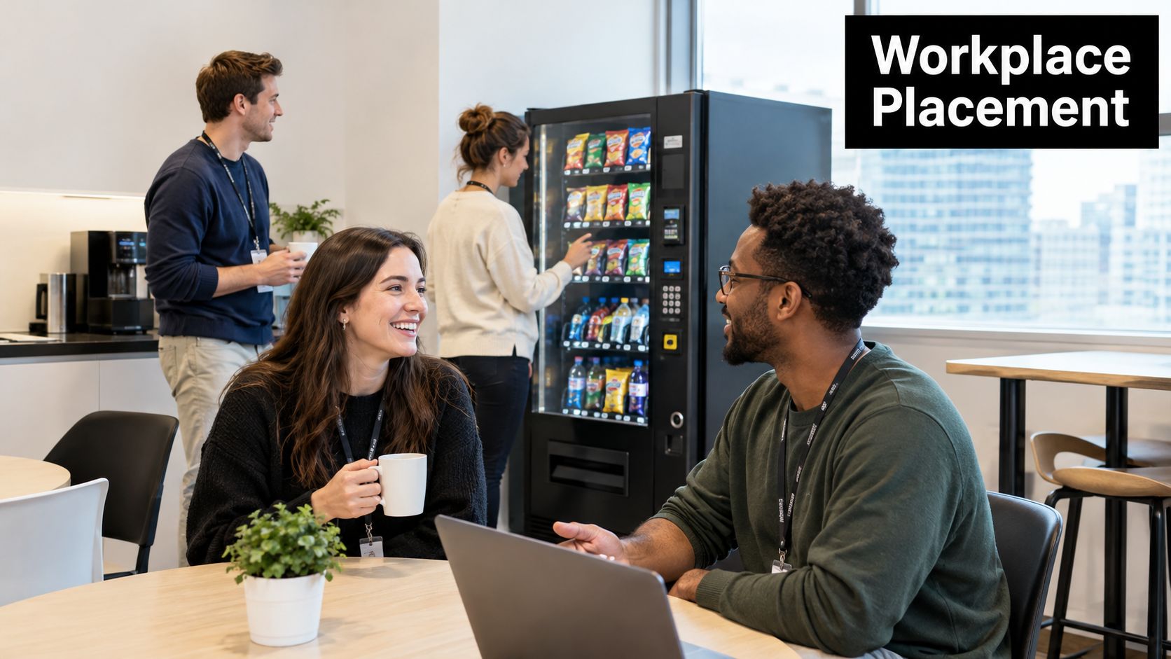 Colleagues collaborating and socializing in a modern office break room with a vending machine.