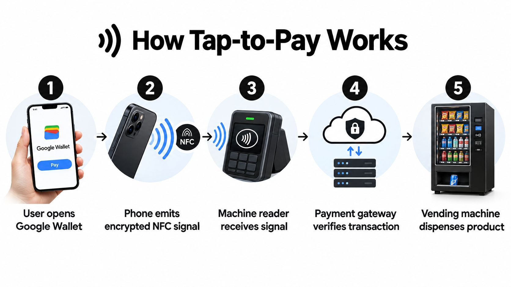 An infographic showing the five steps of how tap-to-pay technology works using Google Wallet and a vending machine.