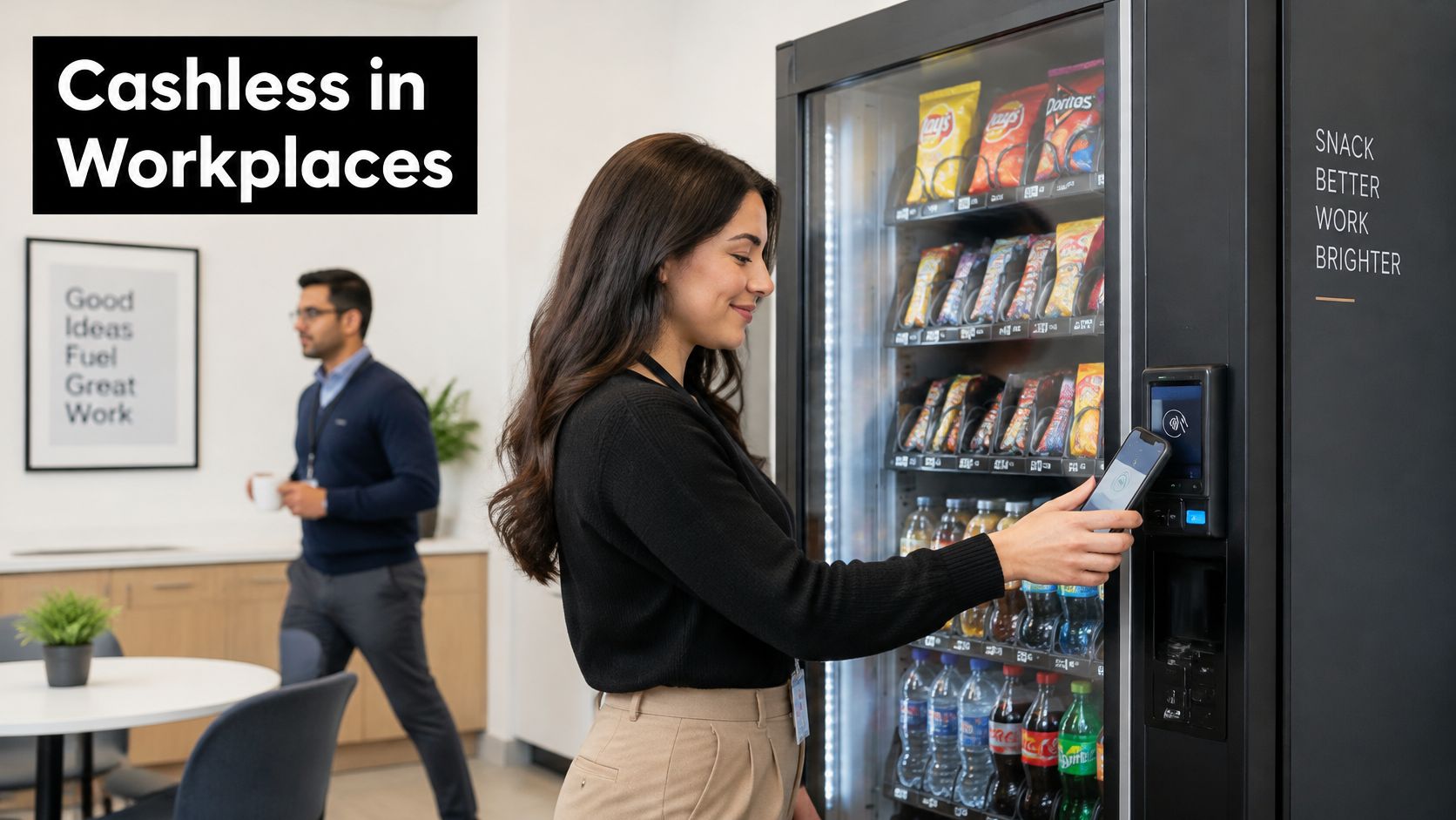 A woman using her smartphone to make a contactless payment at a modern office vending machine.