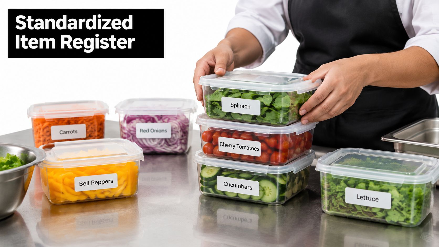 A person organizing various chopped vegetables in transparent plastic storage containers on a stainless steel counter.