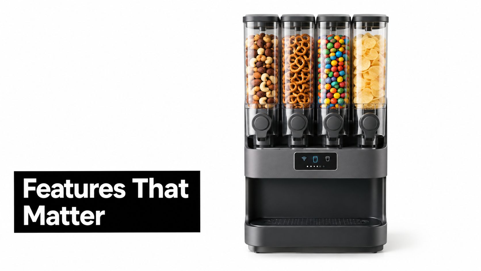 A modern four-container snack dispenser filled with nuts, pretzels, candy, and chips on a white background.