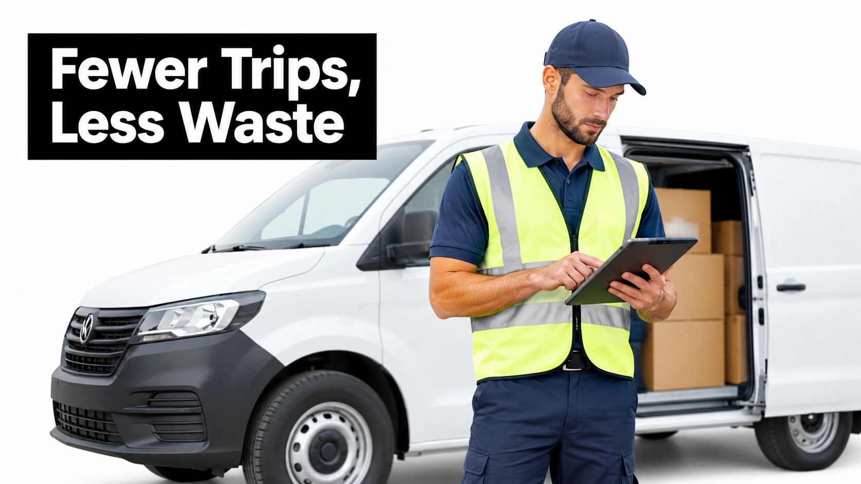 A professional delivery worker in a safety vest using a tablet in front of a white van.