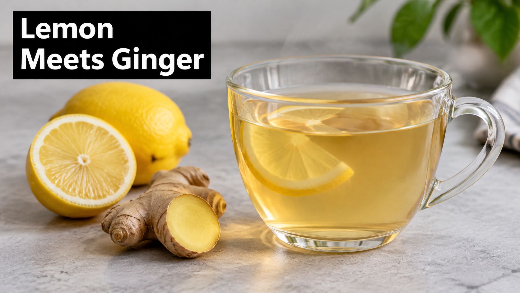 A cup of warm tea with a lemon slice next to fresh ginger and a whole lemon.