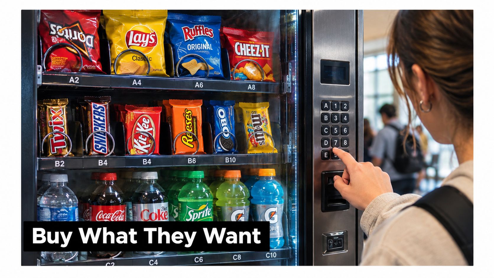 A student using a vending machine on campus to select snacks and drinks for purchase.