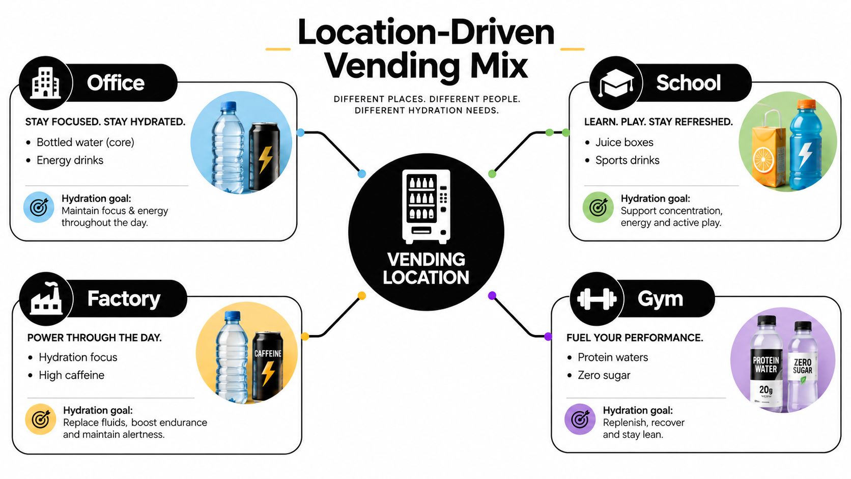 An infographic displaying recommended drink mixes for vending machines based on office, school, factory, and gym locations.