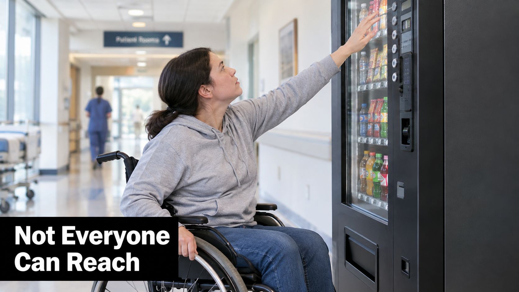 A woman in a wheelchair struggles to reach the top shelf of a high drink vending machine.