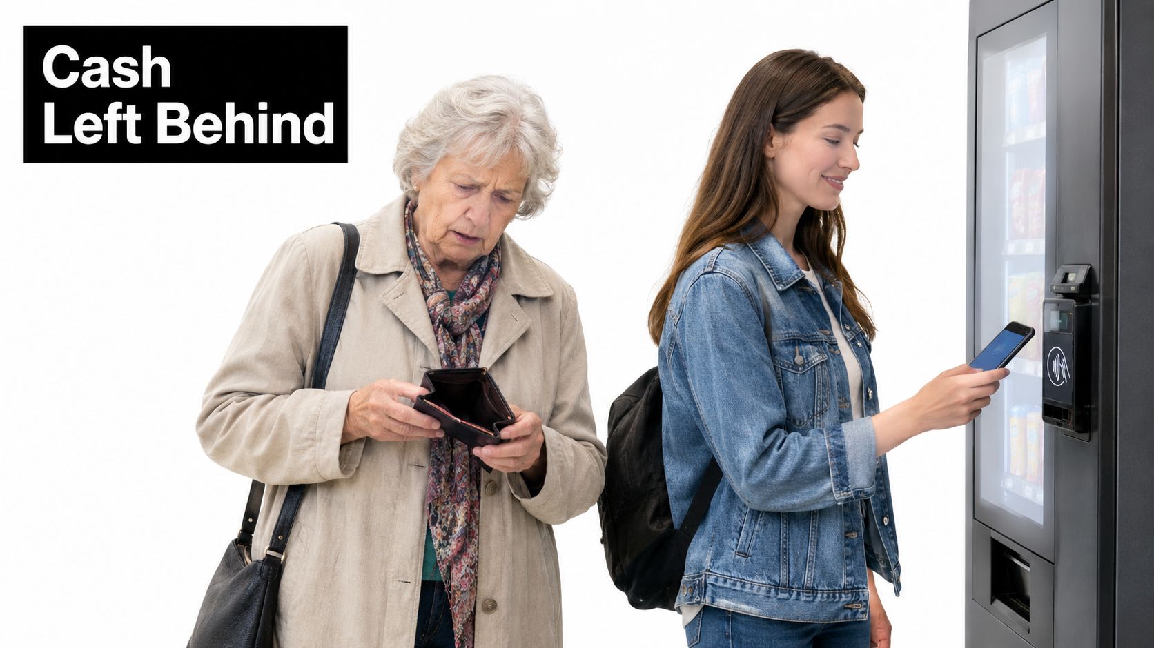 An elderly woman checks her empty wallet while a young woman makes a digital vending machine payment.