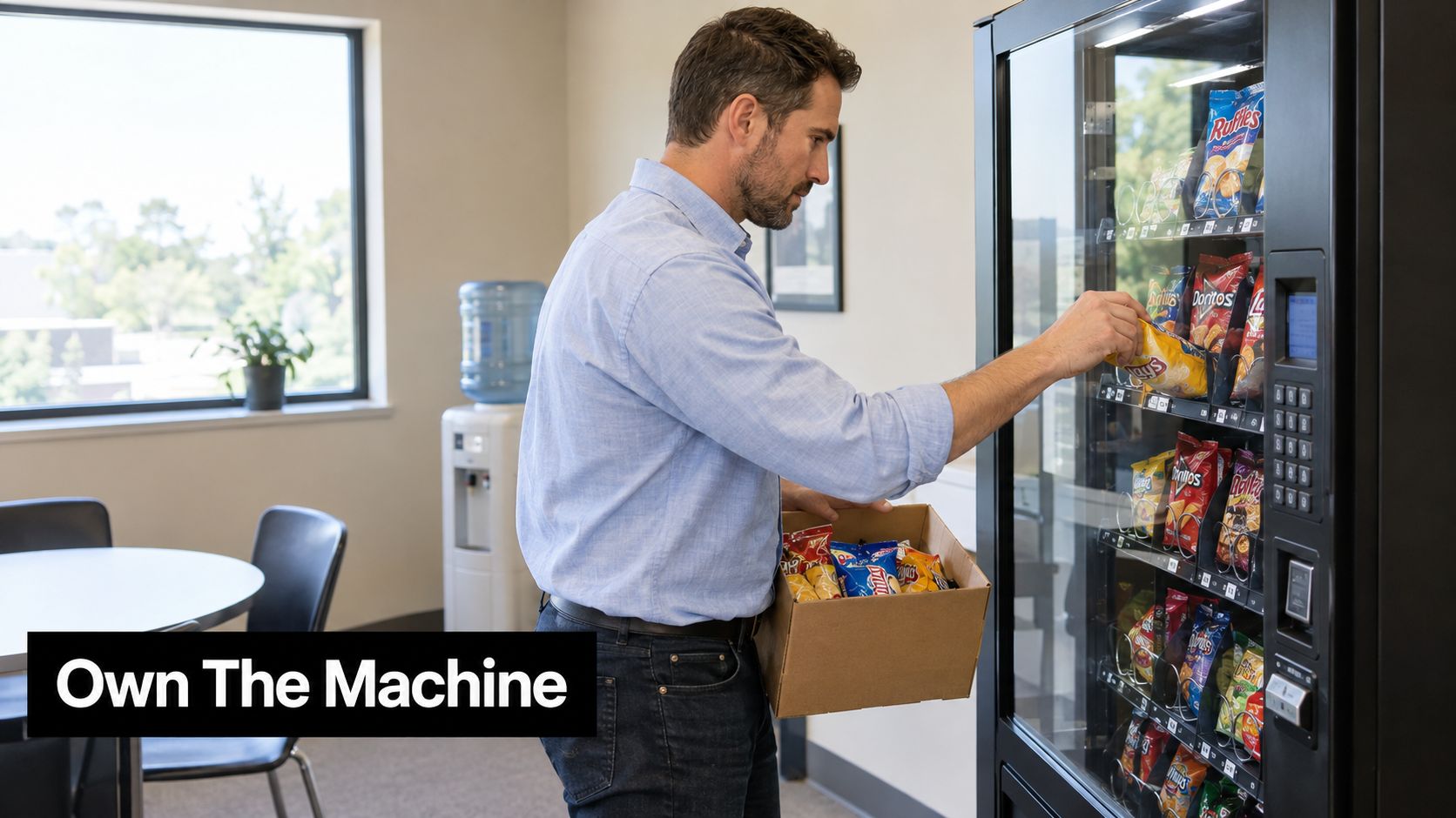 A man in a blue shirt restocking a snack vending machine with bags of chips from a box.