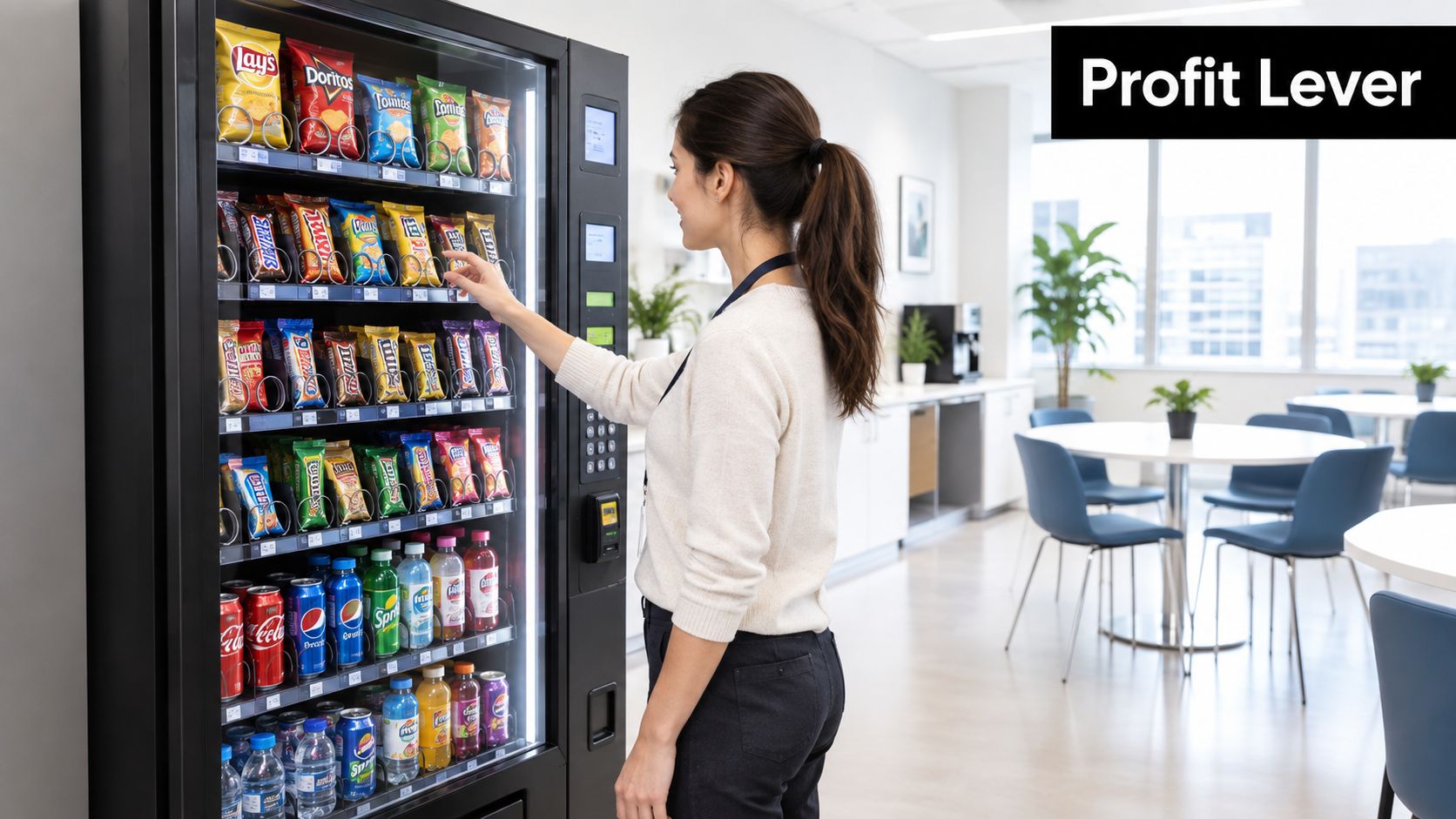 A woman selecting a snack from a modern vending machine in an office break room setting.