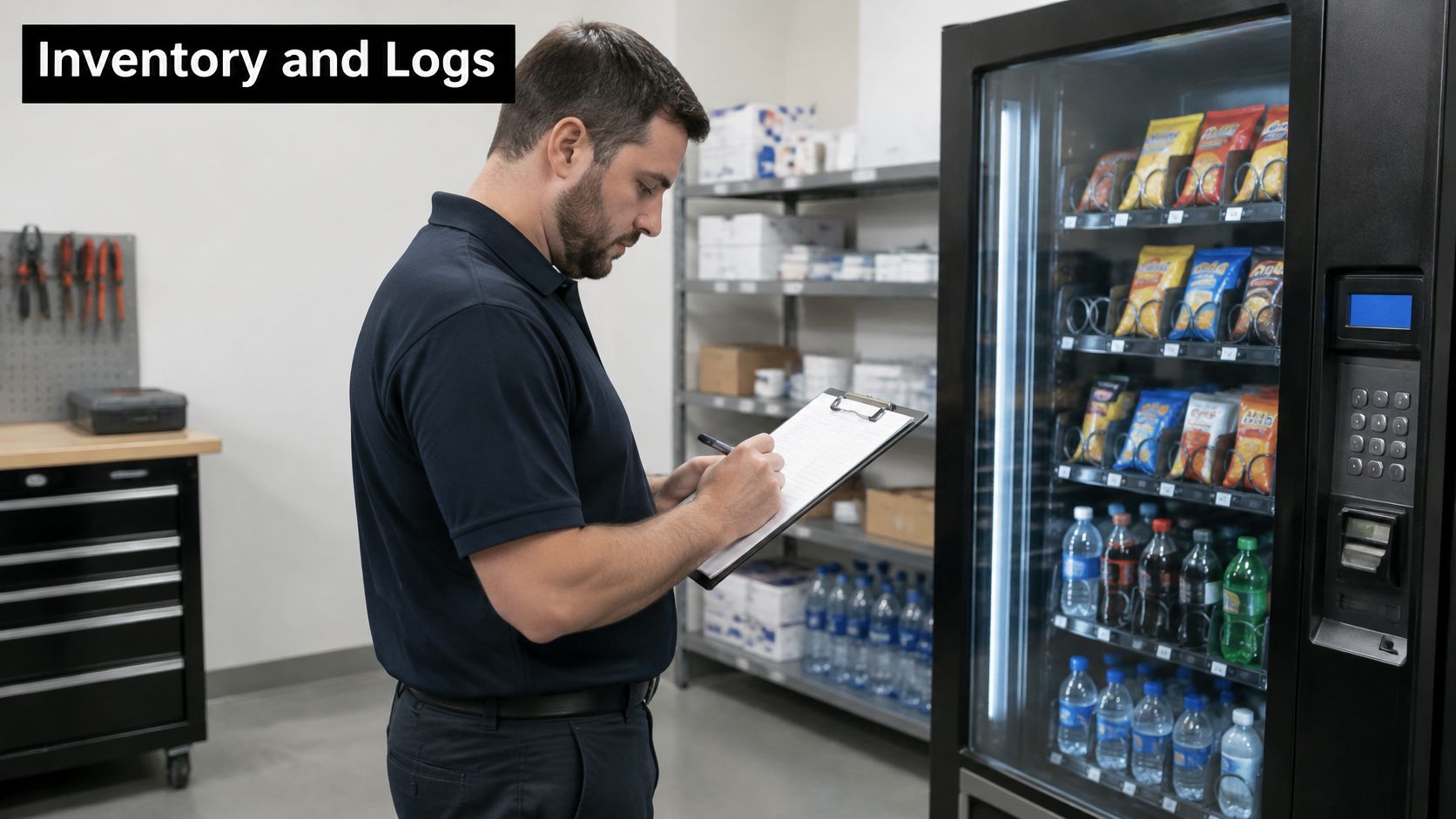 A technician standing in a warehouse, writing on a clipboard while inspecting a filled snack vending machine.