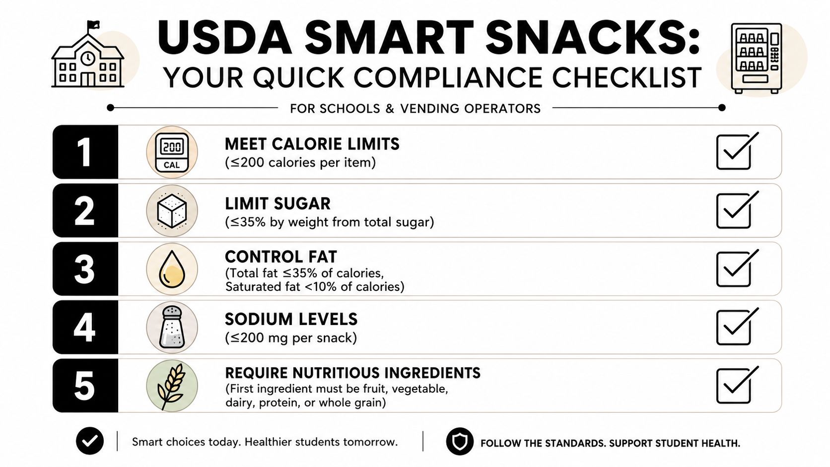 A checklist outlining five USDA smart snack nutritional standards for school and vending operator compliance.