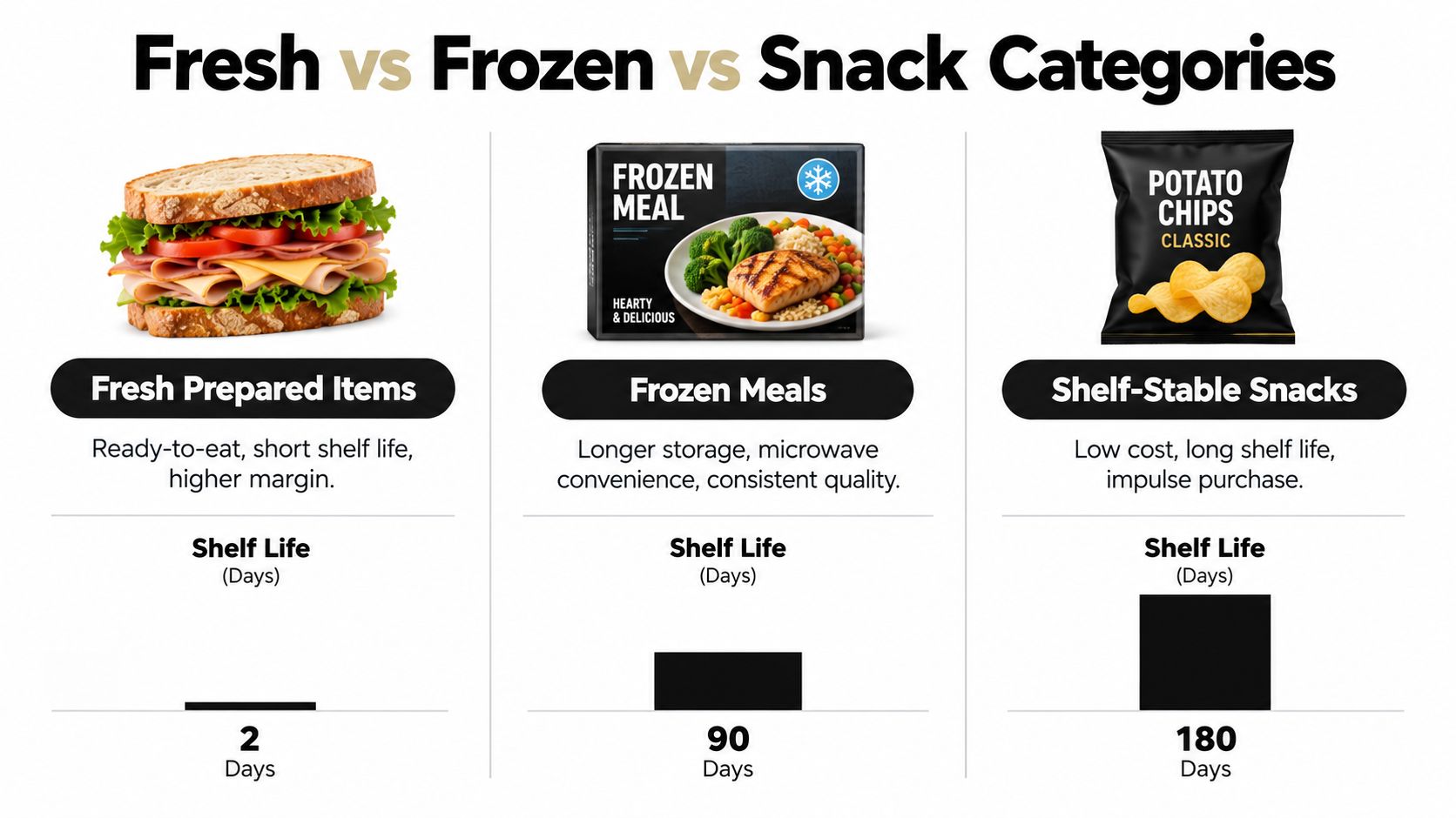 A comparison chart showing shelf life differences between fresh prepared items, frozen meals, and shelf-stable snacks.