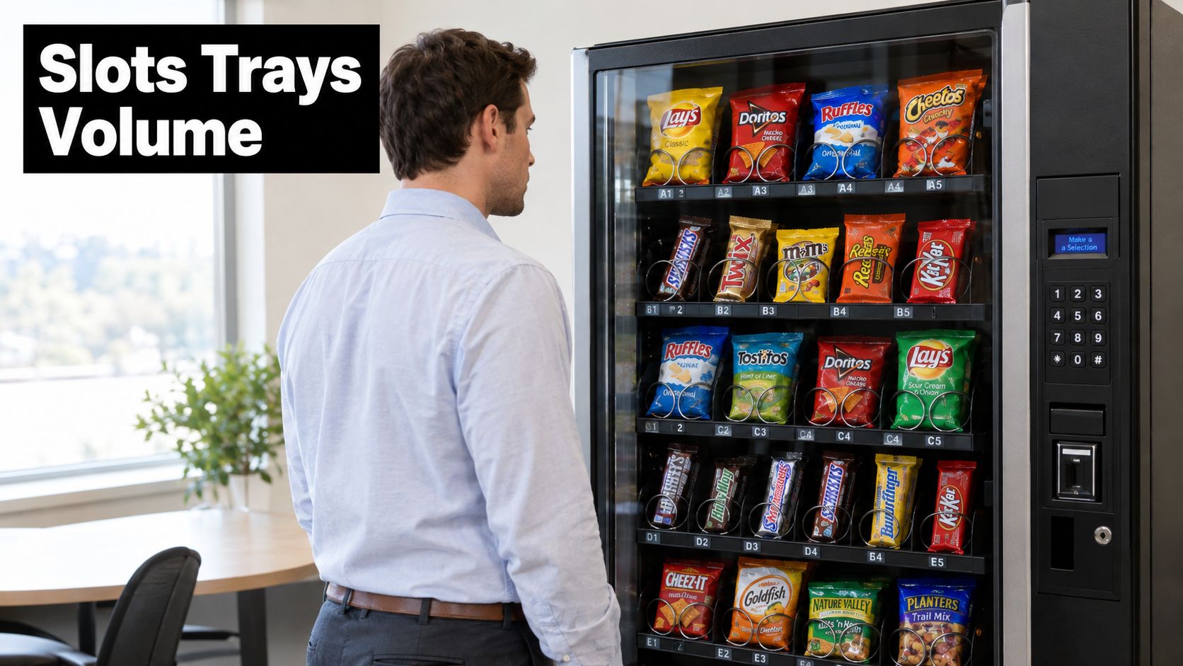 A man standing in front of a vending machine looking at the snacks available for purchase.
