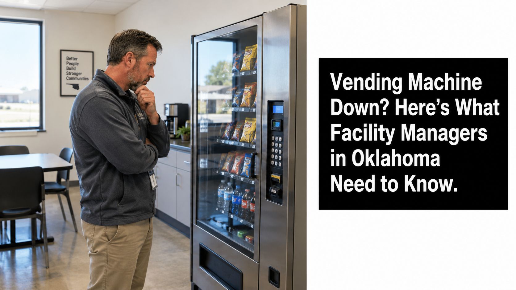 A man in a grey sweater looking thoughtfully at a snack-filled vending machine in an office.