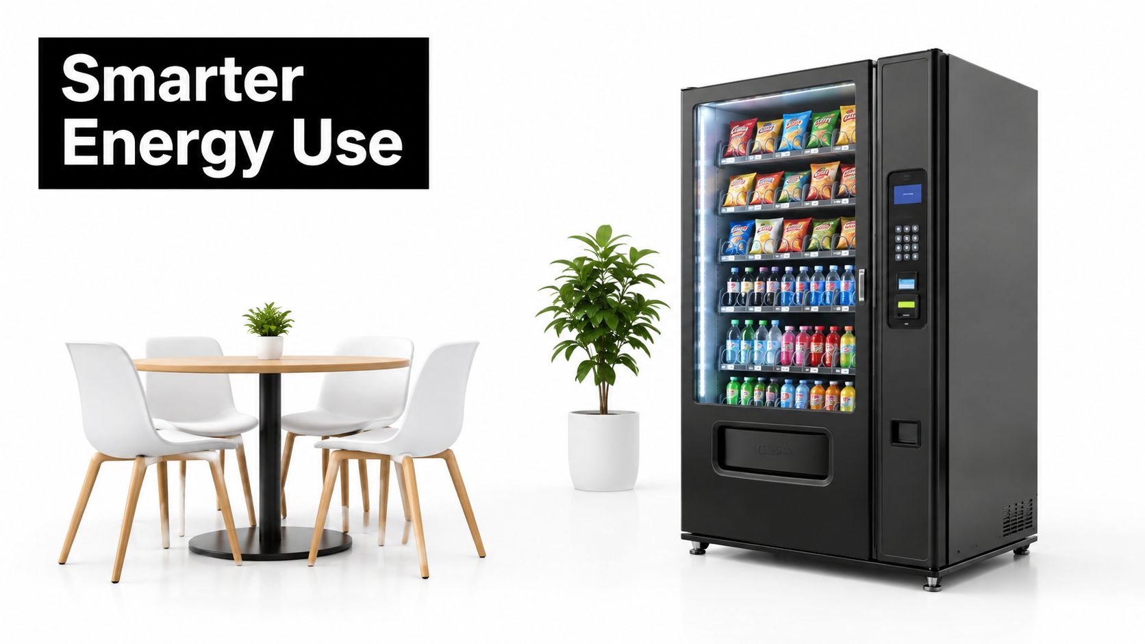 A modern office lounge featuring a table, chairs, a decorative plant, and an energy-efficient snack vending machine.