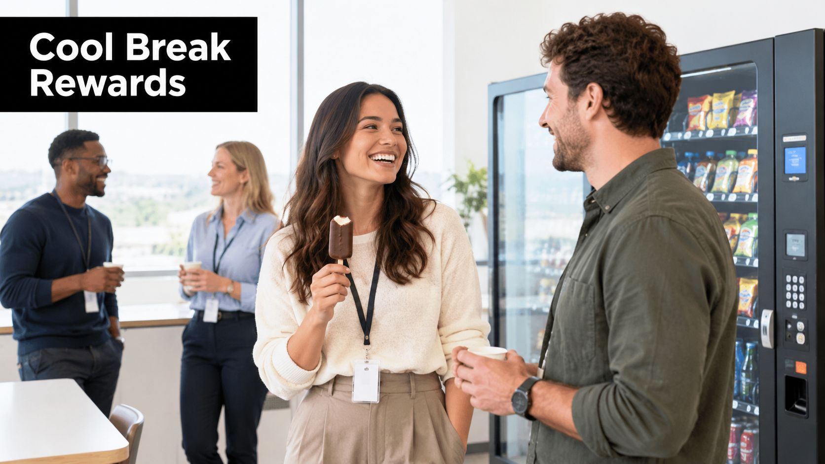 Colleagues talking and laughing while enjoying refreshments near an office break room vending machine.