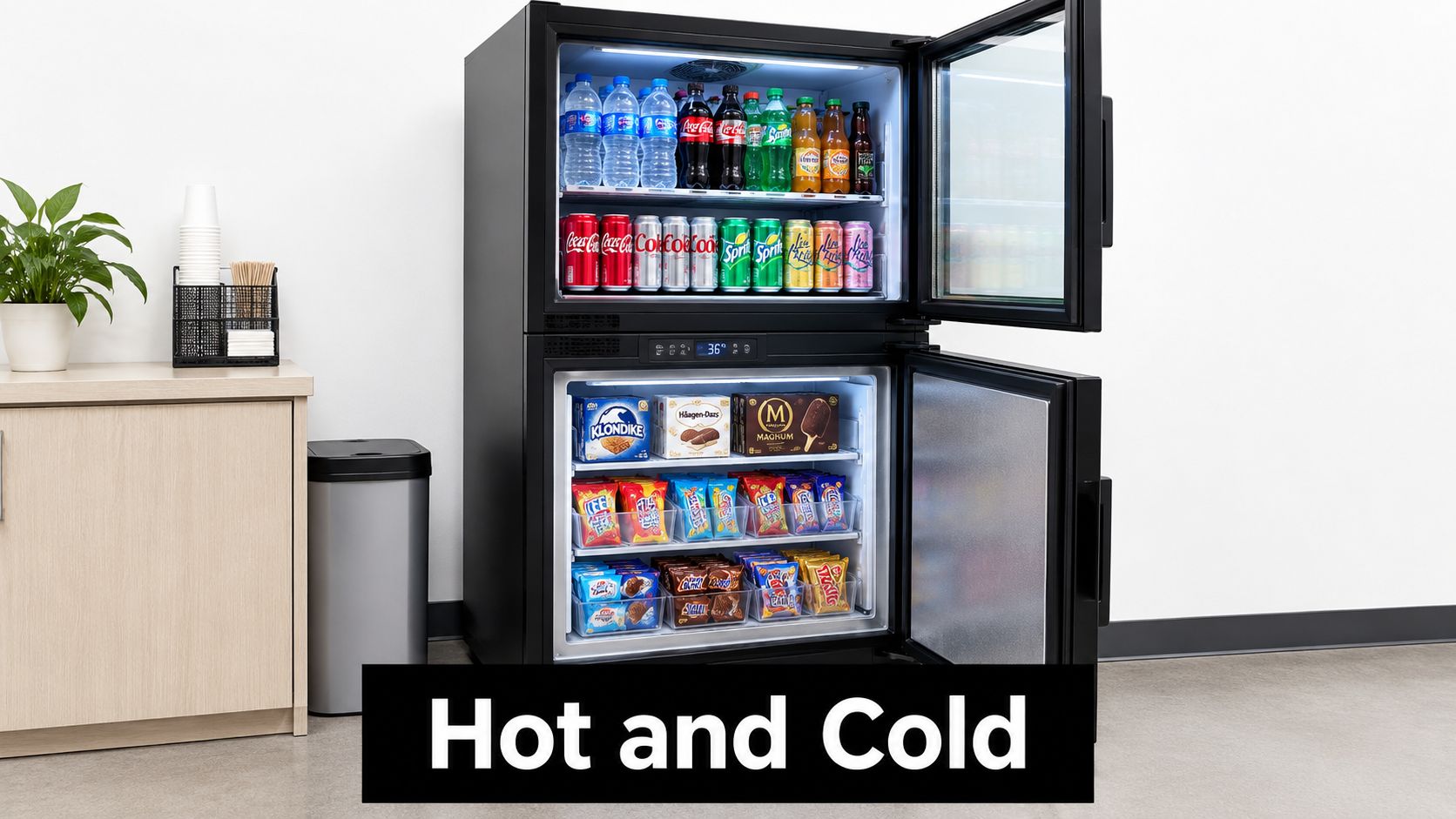 A modern two-door refrigerator stocked with beverages, ice cream, and snacks in an office break room setting.