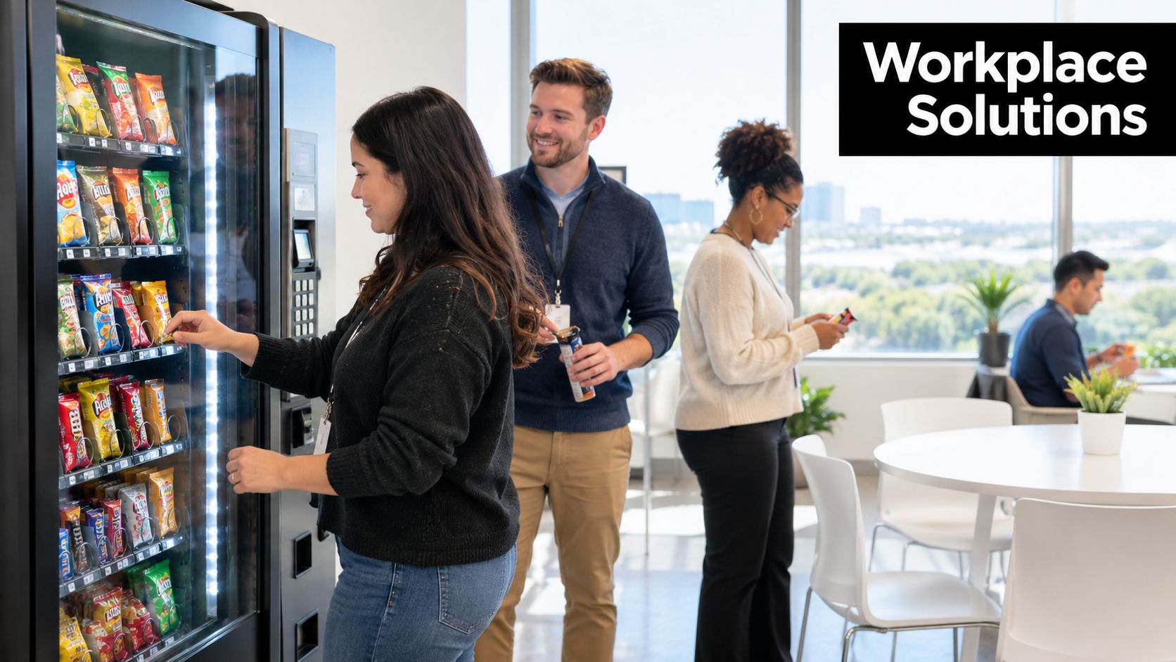Employees selecting snacks from a modern office vending machine in a bright, shared workplace environment.