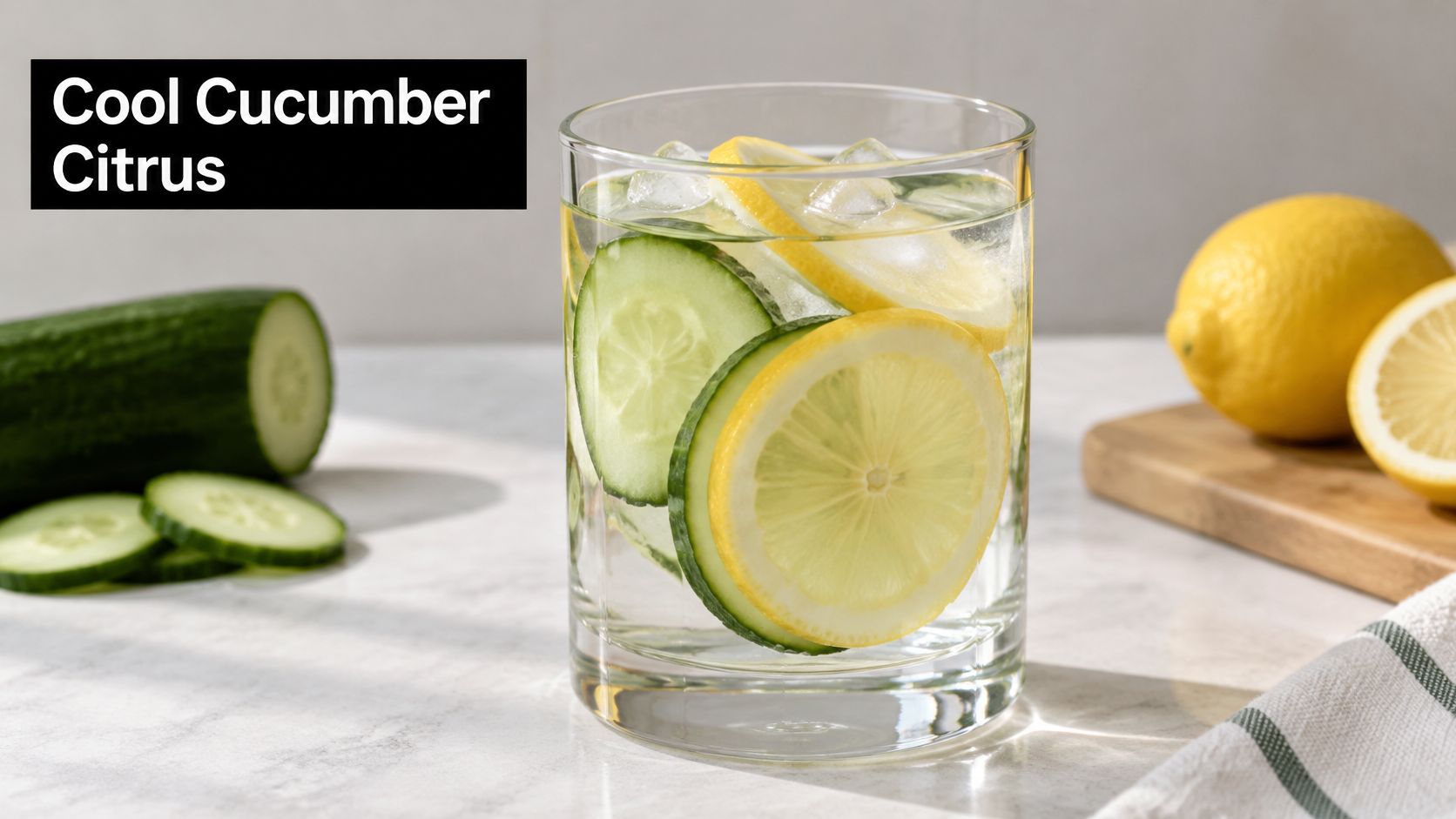 A refreshing glass of infused water with cucumber and lemon slices on a marble surface.