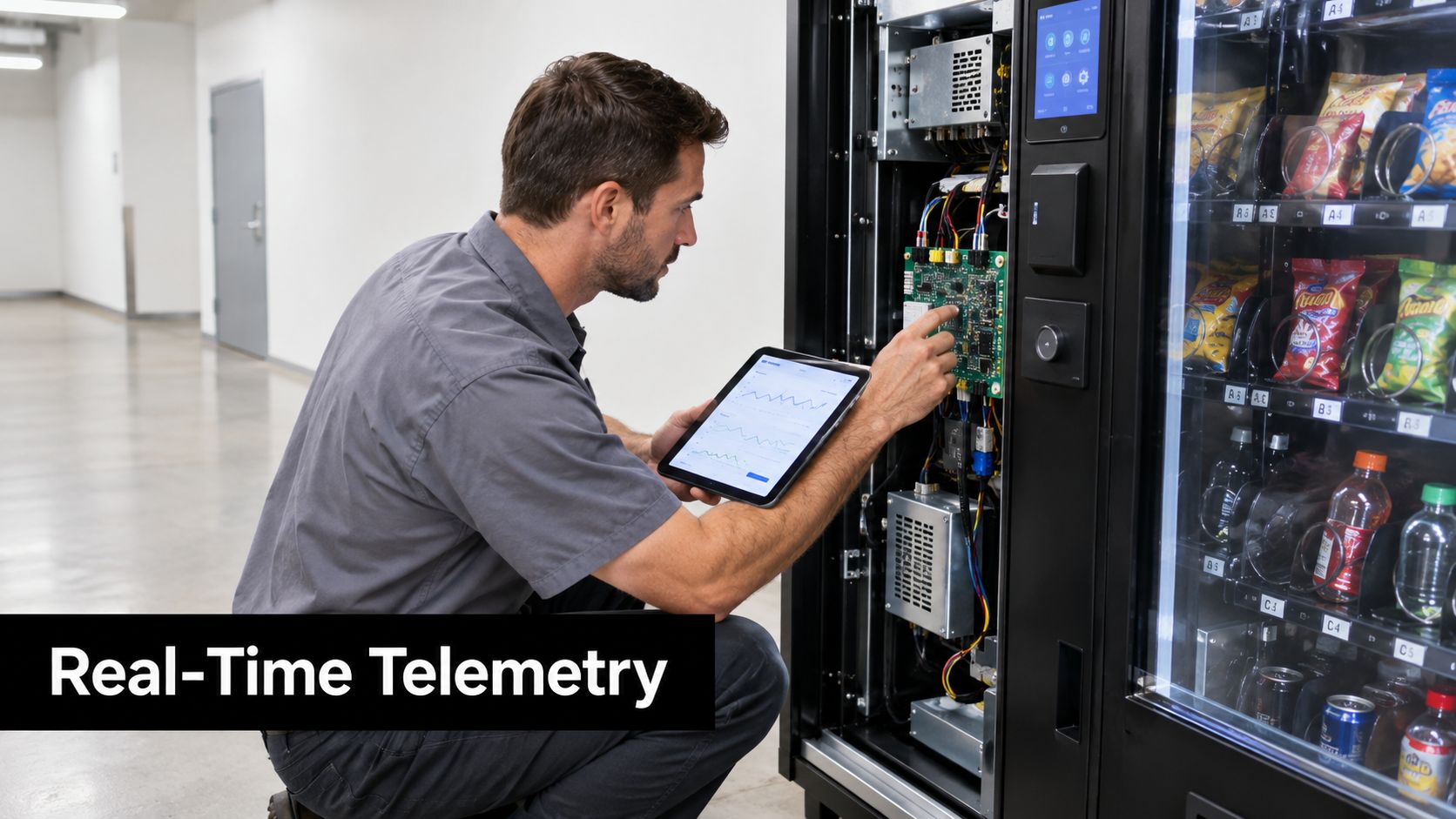 A technician inspecting the internal electronics of a vending machine with a touch screen while using a tablet.
