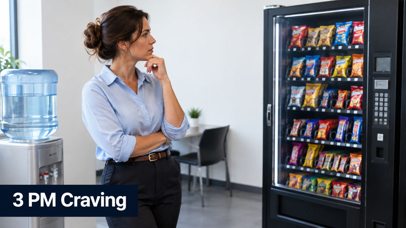 A professional woman in a business office contemplating which snack to choose from a vending machine.