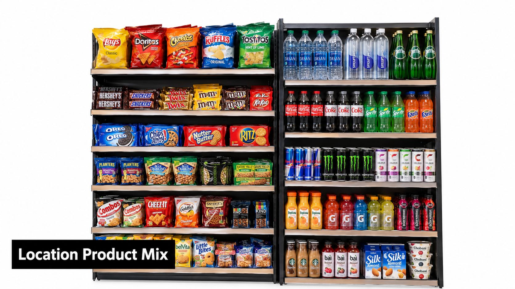 A well-stocked vending machine display showing rows of popular snacks, chips, candy bars, sodas, and juices.