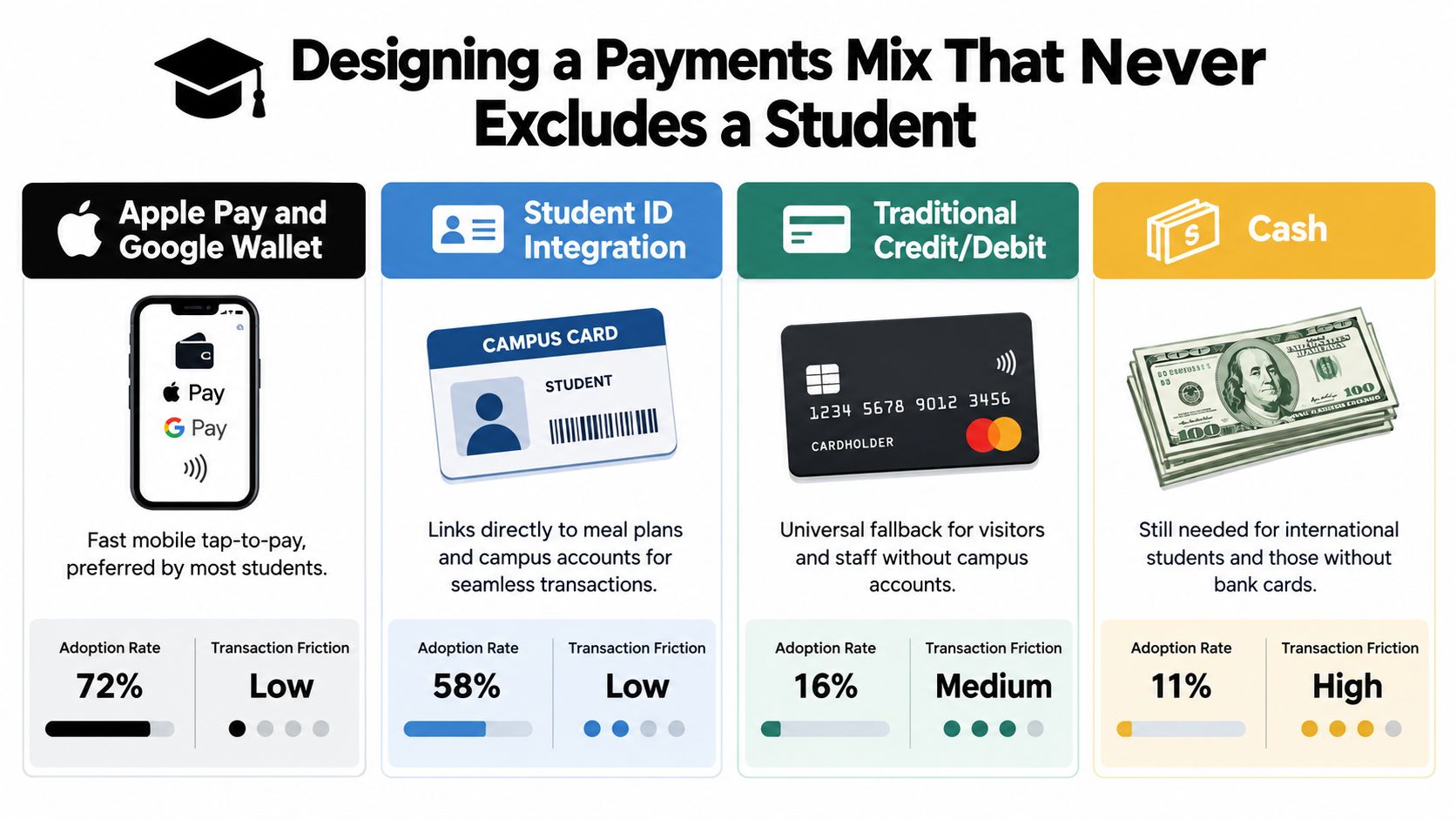An infographic showing a payments mix for campuses including digital wallets, student IDs, bank cards, and cash.