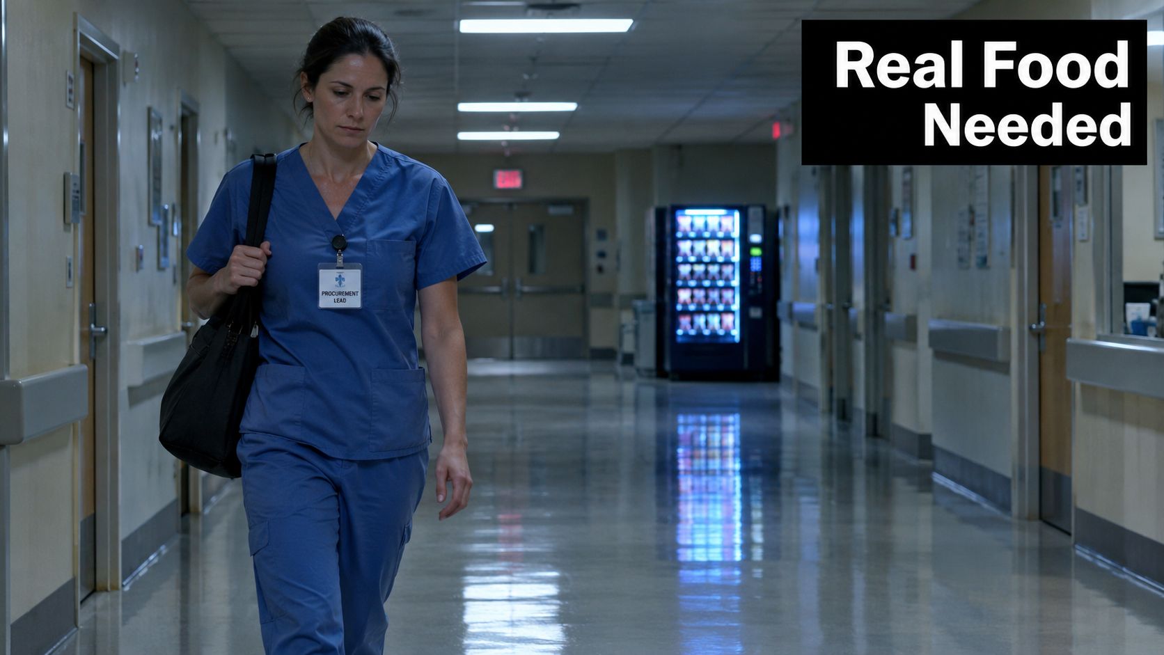 A woman in blue hospital scrubs walks down a long hallway past a brightly lit vending machine.